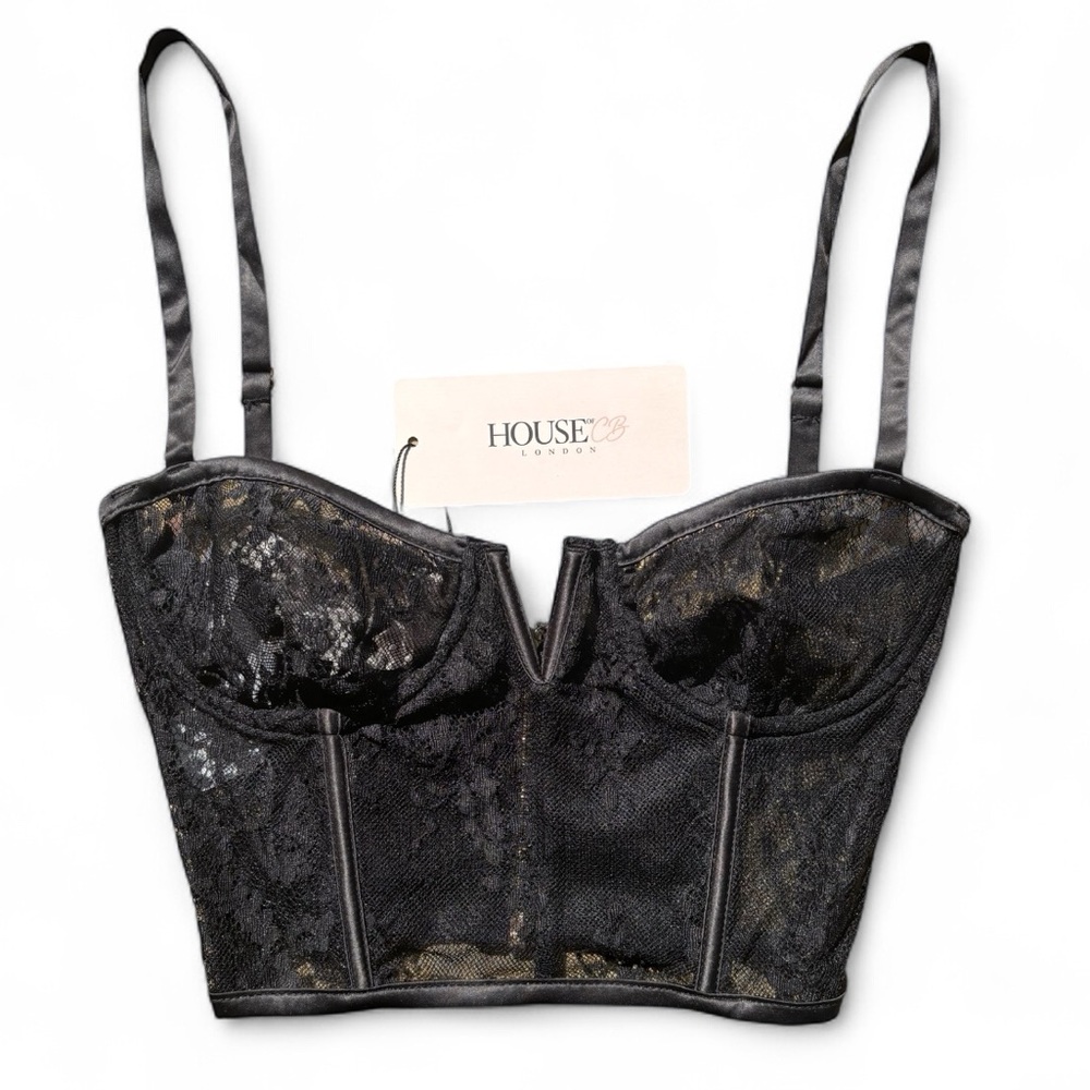 House of CB Sheer Lace Corset Top Black V-Wire NWT XS